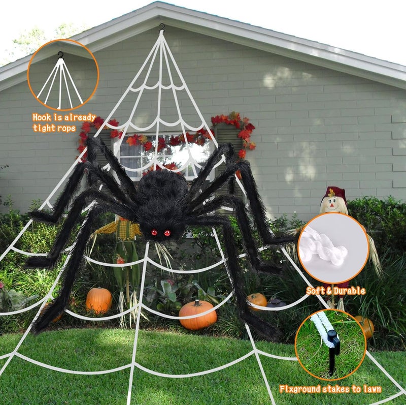 Crogift 200" Halloween Spider Web and 59" Giant Spider Decorations, Scary Fake Spider with Huge Triangular Stretchy Web for Outdoor Yard, Haunted Houses, and Indoor Parties Decor Supplies - Image 3